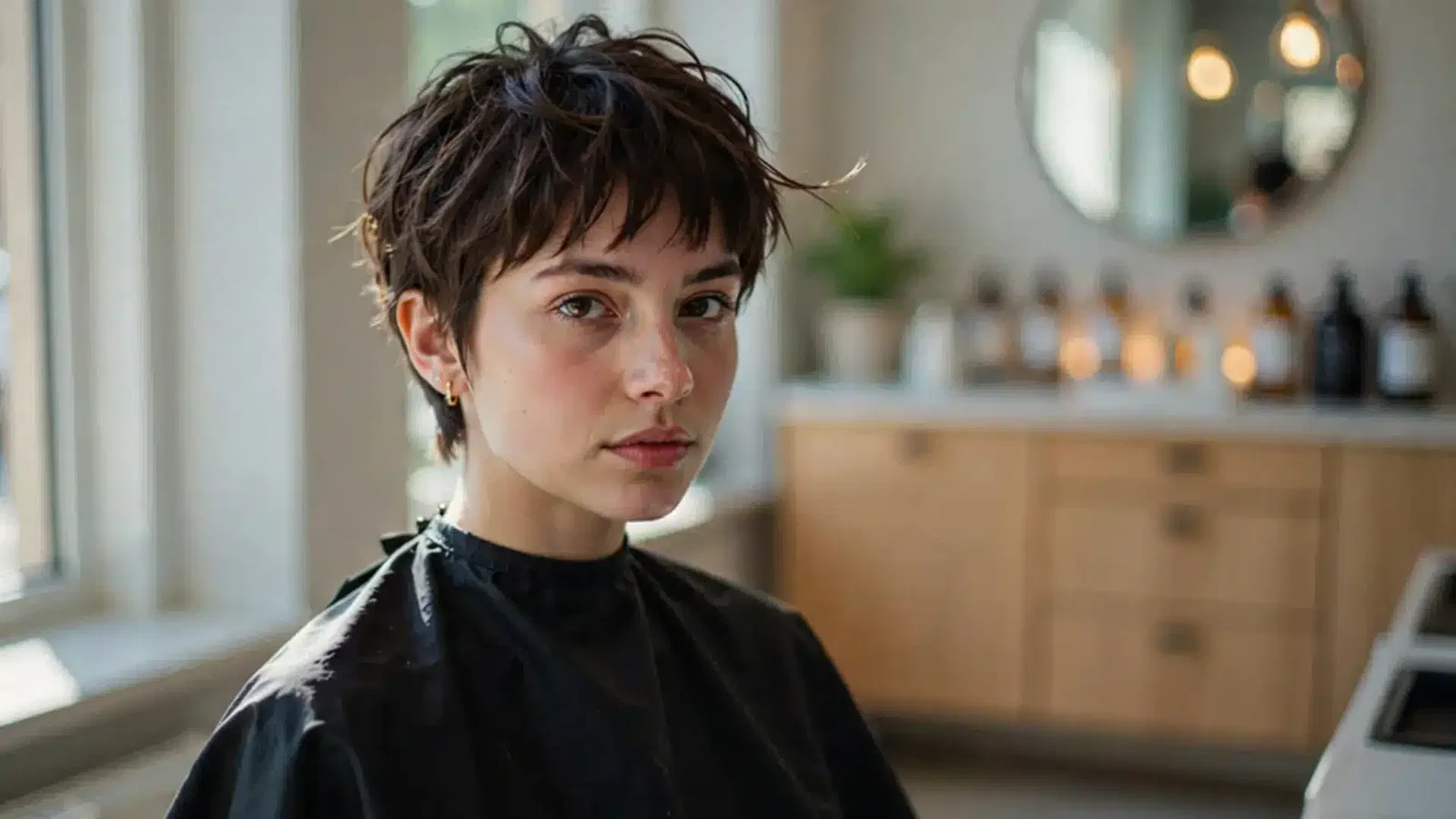 Short pixie bangs with a cropped textured haircut and modern stylish finish